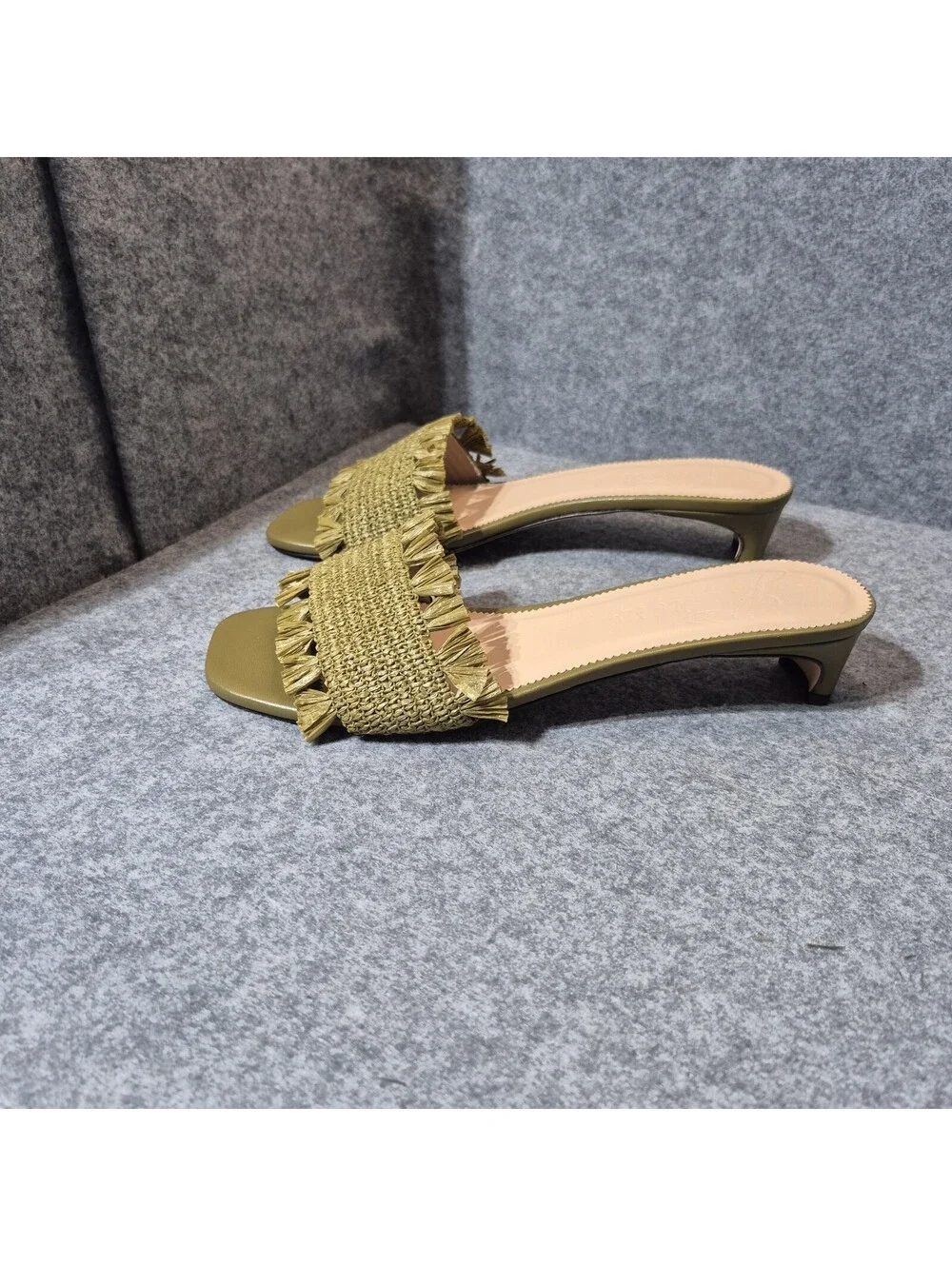 J.Crew Lina Kitten Heels Sandals Woven Raffia Fringe Green Straw & Leather 11